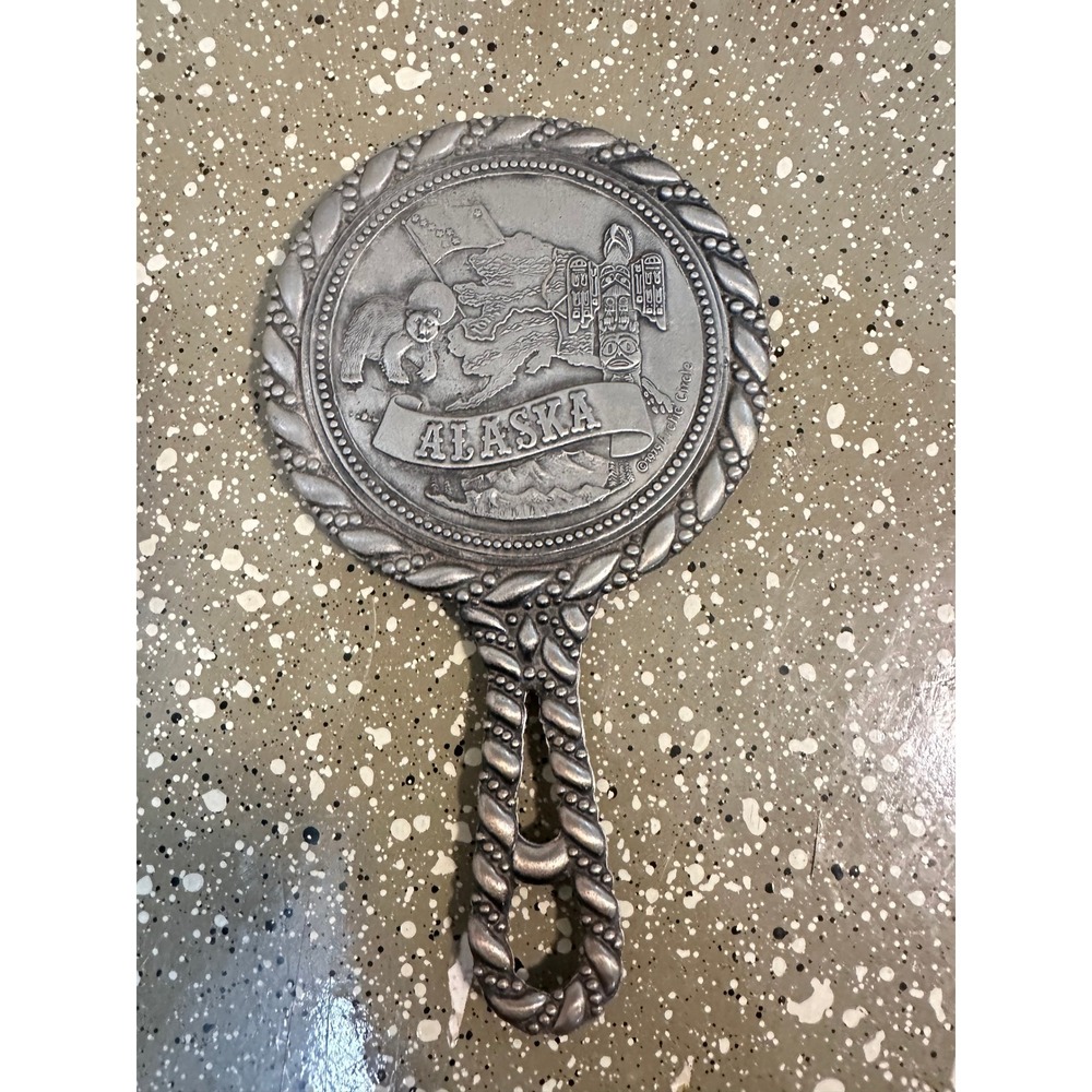 Vintage Alaska Souvenir Hand Mirror 1979 Arctic Circle Pewter Tone Etched Bear